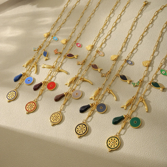 Wholesale Women's Geometric Goldplated Titanium Steel Ferris Wheel Ochain Round Zircon Necklace With Small Fish Eyes And Multiaccessories