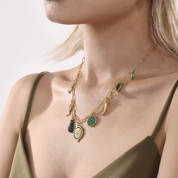 Wholesale Women's Geometric Goldplated Titanium Steel Ferris Wheel Ochain Round Zircon Necklace With Small Fish Eyes And Multiaccessories