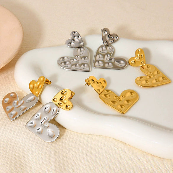 Wholesale Women's Geometric Heart Pendant Earrings Stainless Steel 18K Gold Plated Hammered Irregular Jewelry