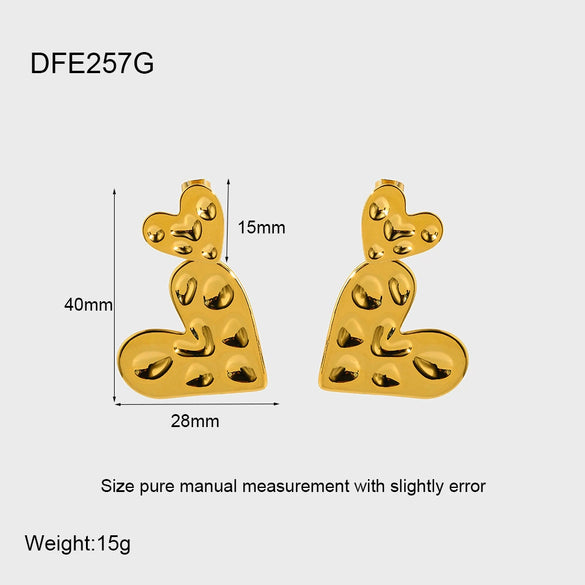 Wholesale Women's Geometric Heart Pendant Earrings Stainless Steel 18K Gold Plated Hammered Irregular Jewelry