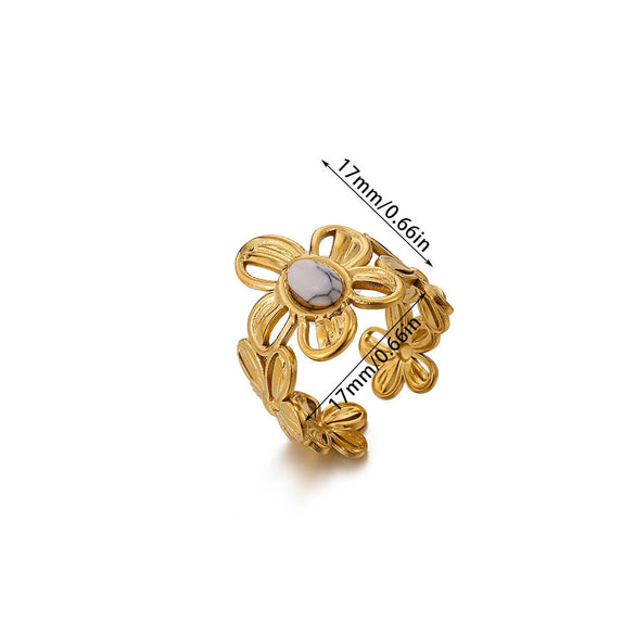 Wholesale Women's Geometric Hollow Flower Goldplated Inlaid With Gold Stainless Steel Zircon Ring With Fruit Shape And Pattern Light Luxury Style