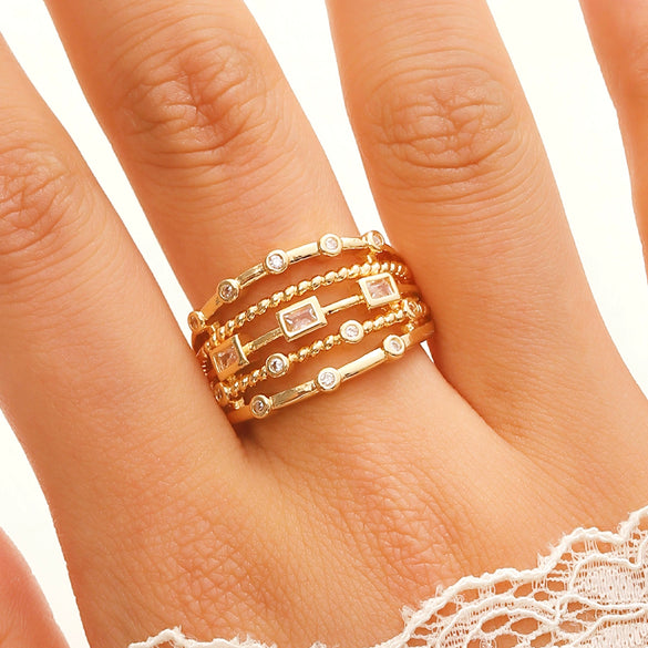 Wholesale Women's Geometric Hollowout Goldplated Diamondencrusted Environmentally Friendly Copper Ring