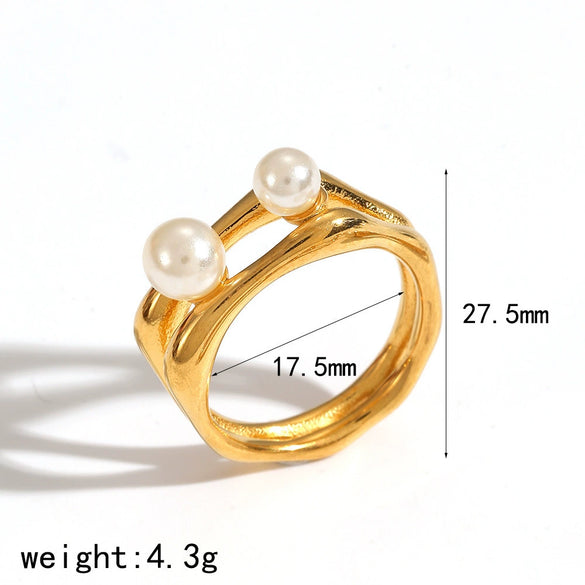 Wholesale Women's Geometric Imitation Pearl Ring 18K Gold Plated Cast Titanium Steel Jewelry With Pvd Furnace Vacuum Real Gold Plating