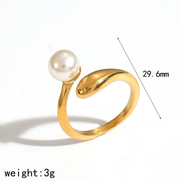 Wholesale Women's Geometric Imitation Pearl Ring 18K Gold Plated Cast Titanium Steel Jewelry With Pvd Furnace Vacuum Real Gold Plating