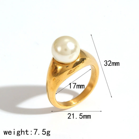 Wholesale Women's Geometric Imitation Pearl Ring 18K Gold Plated Cast Titanium Steel Jewelry With Pvd Furnace Vacuum Real Gold Plating
