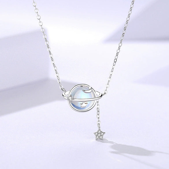 Wholesale Women's Geometric Inlay S925 Sterling Silver Planet Necklace With Moonstone Tassel