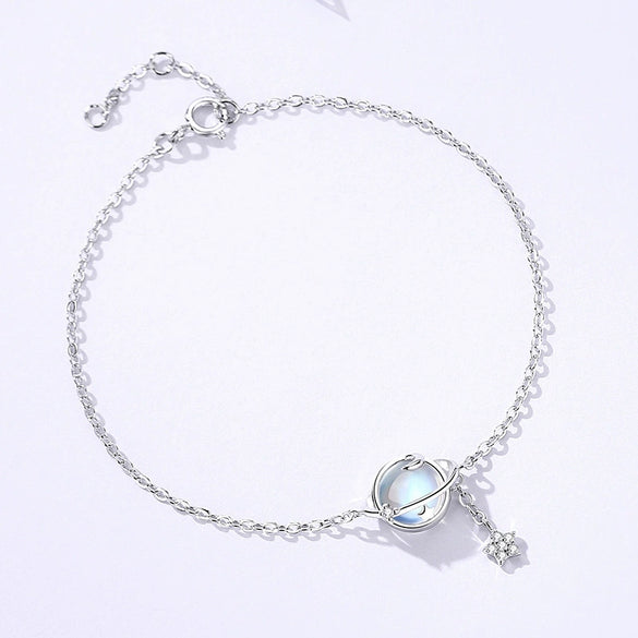Wholesale Women's Geometric Inlay S925 Sterling Silver Planet Necklace With Moonstone Tassel