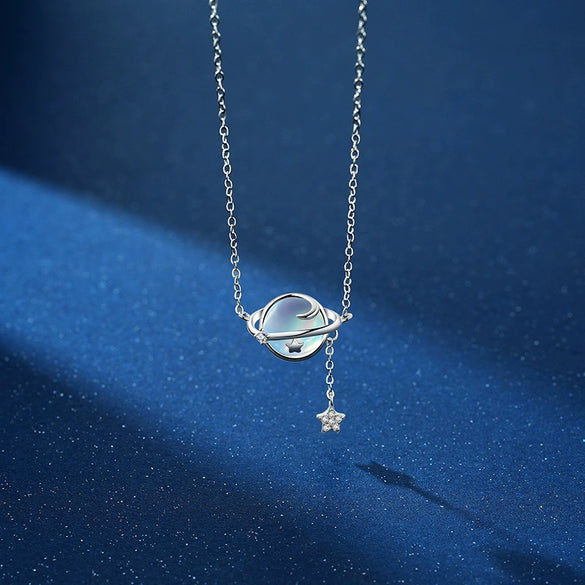 Wholesale Women's Geometric Inlay S925 Sterling Silver Planet Necklace With Moonstone Tassel