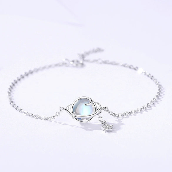 Wholesale Women's Geometric Inlay S925 Sterling Silver Planet Necklace With Moonstone Tassel