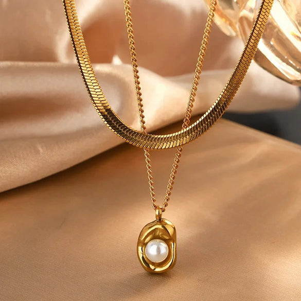 Wholesale Women's Geometric Ins Style Stainless Steel Pearl 18K Gold Plated Stacking Necklace Jewelry Set