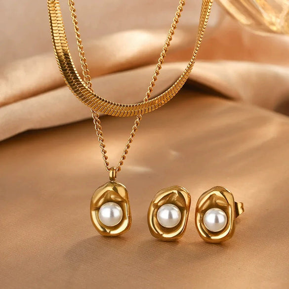 Wholesale Women's Geometric Ins Style Stainless Steel Pearl 18K Gold Plated Stacking Necklace Jewelry Set