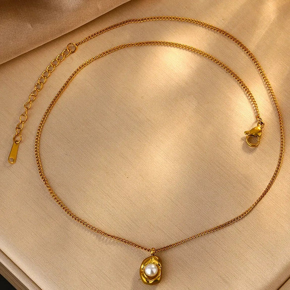 Wholesale Women's Geometric Ins Style Stainless Steel Pearl 18K Gold Plated Stacking Necklace Jewelry Set