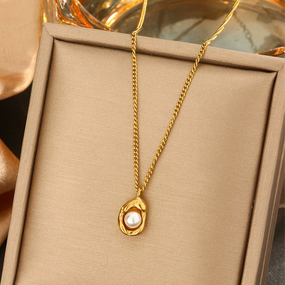 Wholesale Women's Geometric Ins Style Stainless Steel Pearl 18K Gold Plated Stacking Necklace Jewelry Set