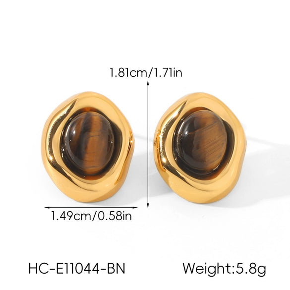 Wholesale Women's Geometric Irregular Tiger Eye Stone Earrings In French Retro Maillard Style With Pvd Furnace Vacuum Real Gold Plating Made Of Stainless Steel And Titanium Steel