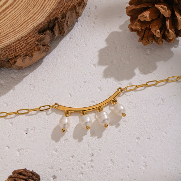 Wholesale Women's Geometric Jazz Style Minimalist Natural Freshwater Pearl Necklace With 18K Real Gold Plated Stainless Steel Paper Clip Chain