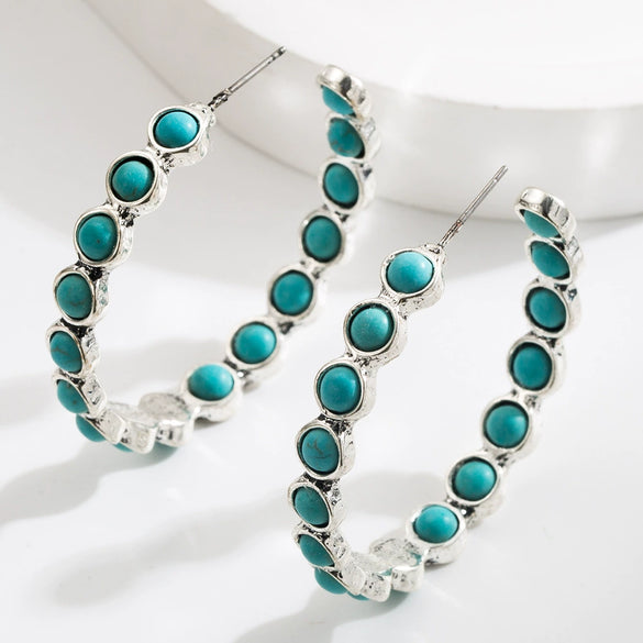Wholesale Women's Geometric Large Circle Inlaid Turquoise Alloy Earrings