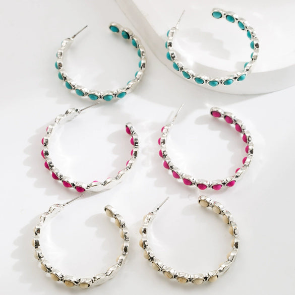 Wholesale Women's Geometric Large Circle Inlaid Turquoise Alloy Earrings