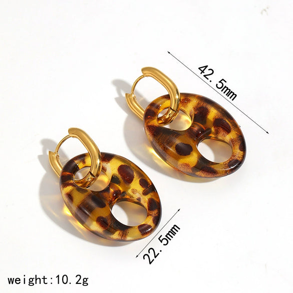Wholesale Women's Geometric Leopard Print 18K Gold Plated Stainless Steel Jewelry Set Bracelet Earrings Maillard Style
