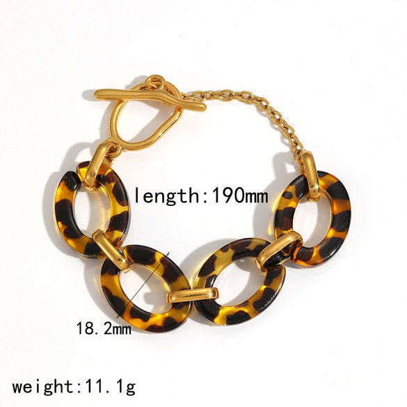 Wholesale Women's Geometric Leopard Print 18K Gold Plated Stainless Steel Jewelry Set Bracelet Earrings Maillard Style