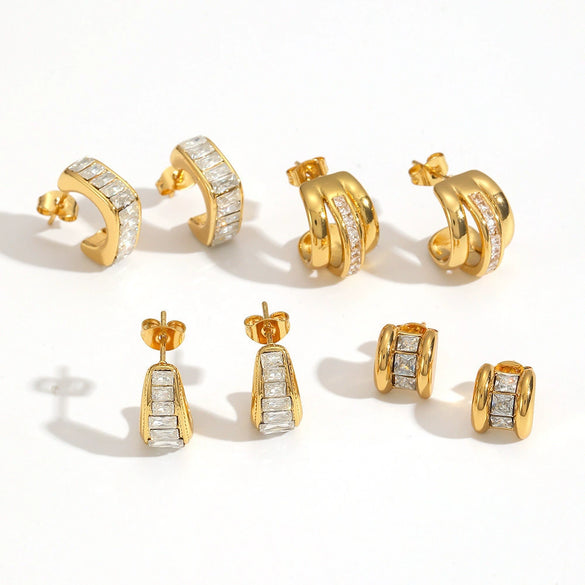 Wholesale Women's Geometric Light Luxury Style Diamondencrusted Zircon Cshaped Titanium Steel And Stainless Steel Earrings With Pvd Furnace Vacuum Real Gold Plating