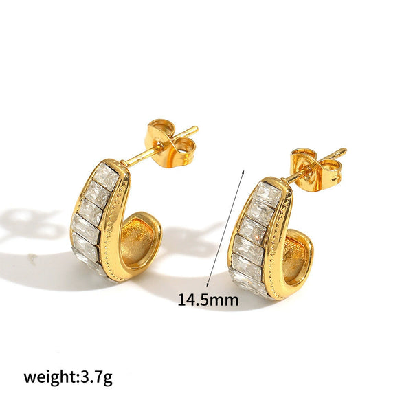 Wholesale Women's Geometric Light Luxury Style Diamondencrusted Zircon Cshaped Titanium Steel And Stainless Steel Earrings With Pvd Furnace Vacuum Real Gold Plating