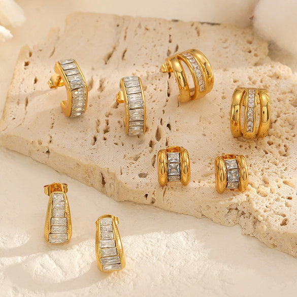 Wholesale Women's Geometric Light Luxury Style Diamondencrusted Zircon Cshaped Titanium Steel And Stainless Steel Earrings With Pvd Furnace Vacuum Real Gold Plating