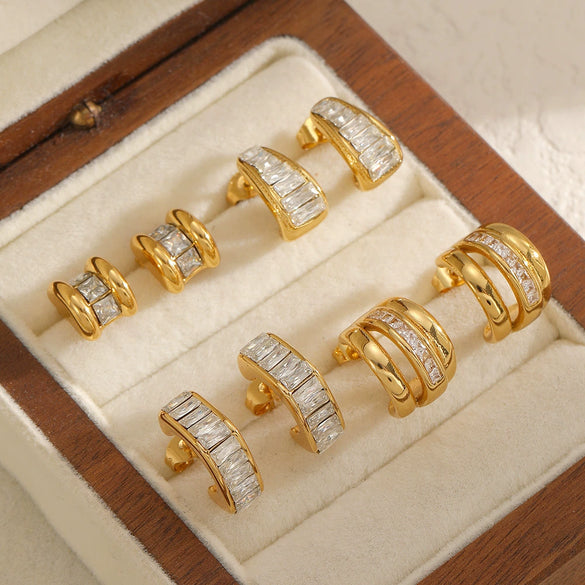 Wholesale Women's Geometric Light Luxury Style Diamondencrusted Zircon Cshaped Titanium Steel And Stainless Steel Earrings With Pvd Furnace Vacuum Real Gold Plating