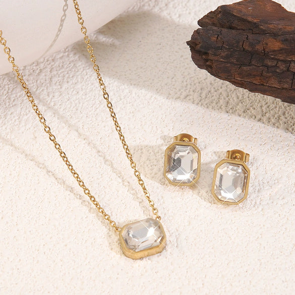 Wholesale Women's Geometric Light Luxury Style Stainless Steel Electroplated Zircon Jewelry Set Necklace Earrings