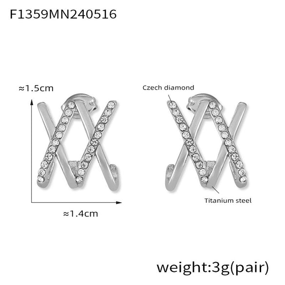 Wholesale Women's Geometric Line Cross Design 316L Stainless Steel Goldplated Diamondencrusted Earrings