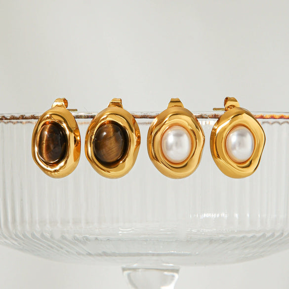 Wholesale Women's Geometric Maillard Style Oval Tiger Eye Stone Stainless Steel Electroplated Earrings