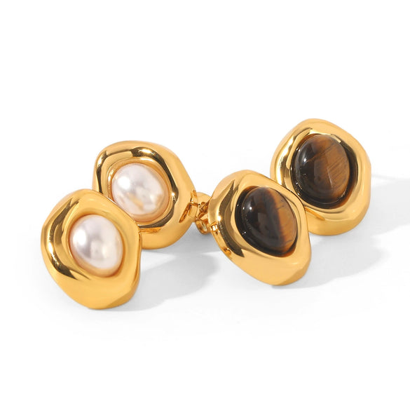 Wholesale Women's Geometric Maillard Style Oval Tiger Eye Stone Stainless Steel Electroplated Earrings