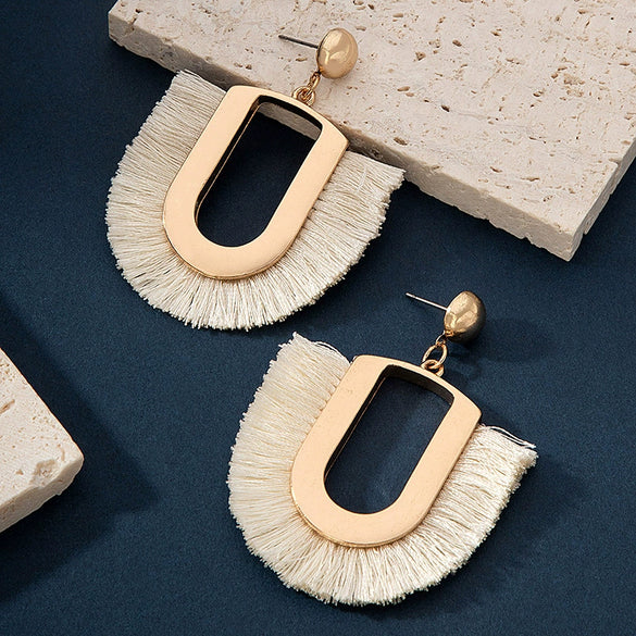 Wholesale Women's Geometric Metal Alloy Handwoven Fringe Earrings With Electroplating