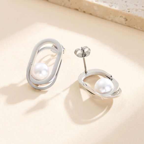 Wholesale Women's Geometric Metal Pearl Earrings With Electroplating And Original Design