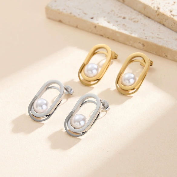 Wholesale Women's Geometric Metal Pearl Earrings With Electroplating And Original Design