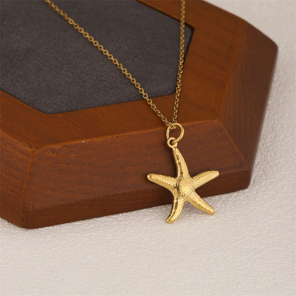 Wholesale Women's Geometric Minimalist Fivepointed Starfish Pendant Necklace Stainless Steel With 18K Gold Electroplating Cross Chain