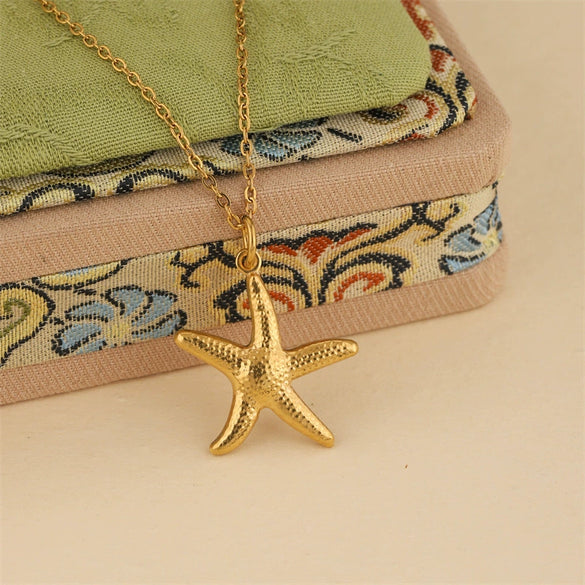 Wholesale Women's Geometric Minimalist Fivepointed Starfish Pendant Necklace Stainless Steel With 18K Gold Electroplating Cross Chain