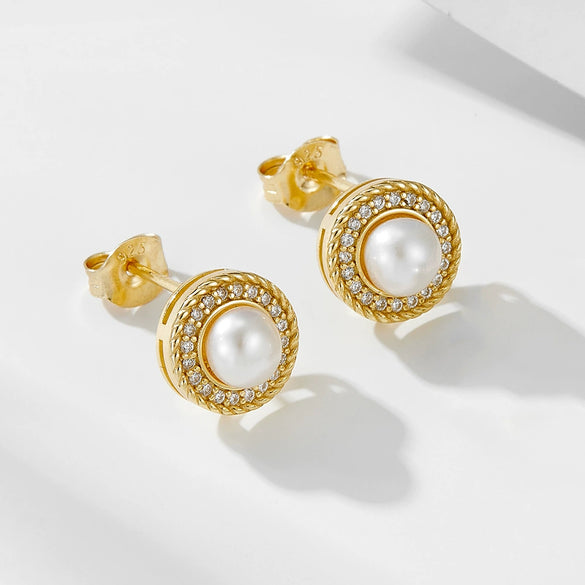 Wholesale Women's Geometric Natural Freshwater Pearl 925 Sterling Silver Stud Earrings With Micro Inlaid Zircon
