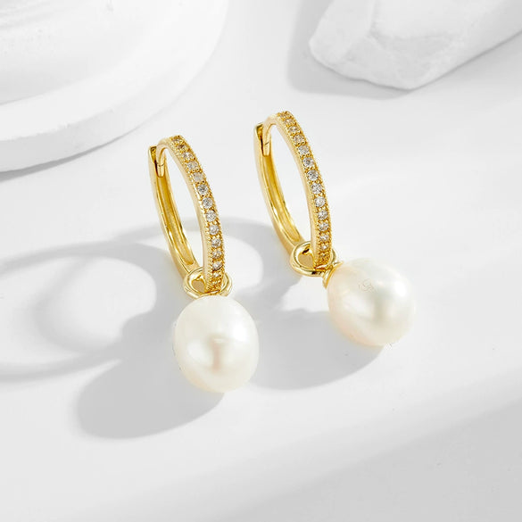 Wholesale Women's Geometric Natural Pearl Micropaved Zirconia S925 Sterling Silver Earrings