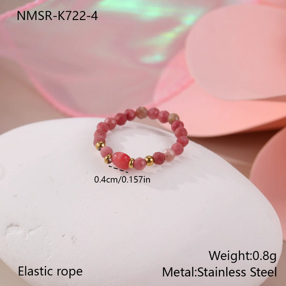Wholesale Women's Geometric Natural Stone Beaded Stainless Steel Ring With 18K Gold Electroplating