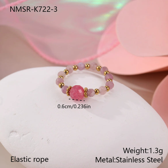Wholesale Women's Geometric Natural Stone Beaded Stainless Steel Ring With 18K Gold Electroplating
