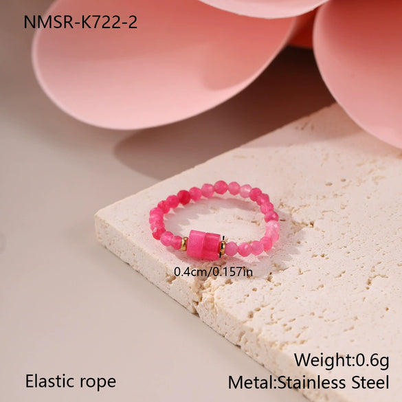 Wholesale Women's Geometric Natural Stone Beaded Stainless Steel Ring With 18K Gold Electroplating