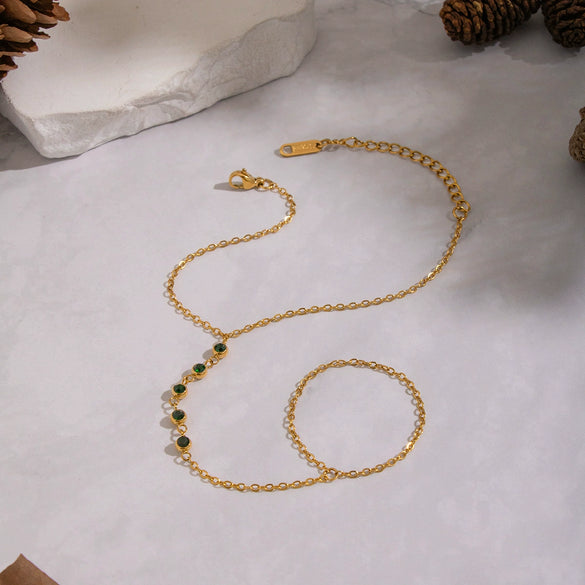 Wholesale Women's Geometric Olive Green Zircon Stainless Steel Real Gold Plated Chain Bracelet