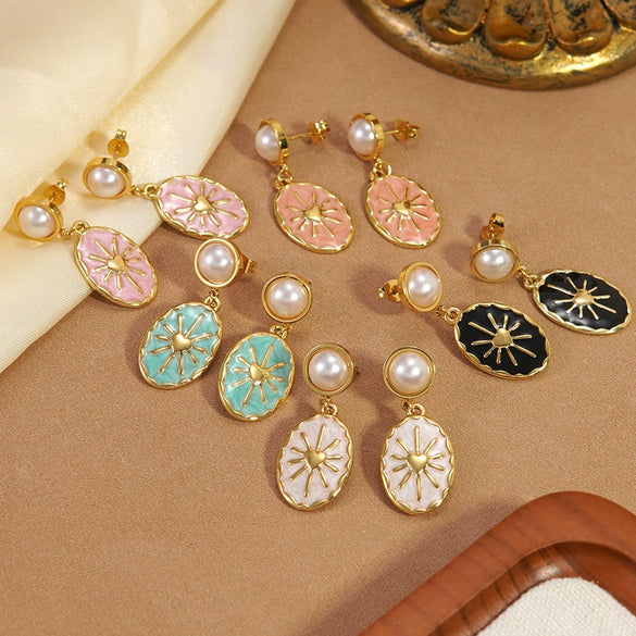 Wholesale Women's Geometric Oval Dripping Oil Stainless Steel Earrings