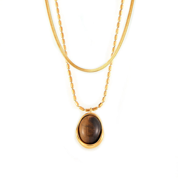 Wholesale Women's Geometric Oval Inlaid Tiger Eye Pendant Necklace With 18K Gold Plated Titanium Steel
