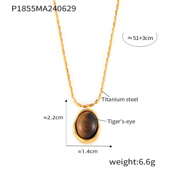 Wholesale Women's Geometric Oval Inlaid Tiger Eye Pendant Necklace With 18K Gold Plated Titanium Steel