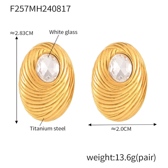 Wholesale Women's Geometric Oval White Glass Stone Earring With Titanium Steel And Pvd Vacuum Gold Plating