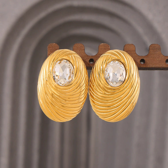 Wholesale Women's Geometric Oval White Glass Stone Earring With Titanium Steel And Pvd Vacuum Gold Plating