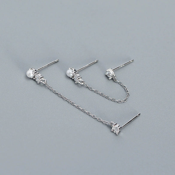 Wholesale Women's Geometric Overlapped Earrings S925 Silver Imitation Pearl Diamond Tassel Electroplated