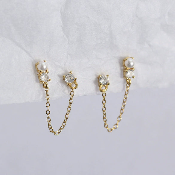 Wholesale Women's Geometric Overlapped Earrings S925 Silver Imitation Pearl Diamond Tassel Electroplated