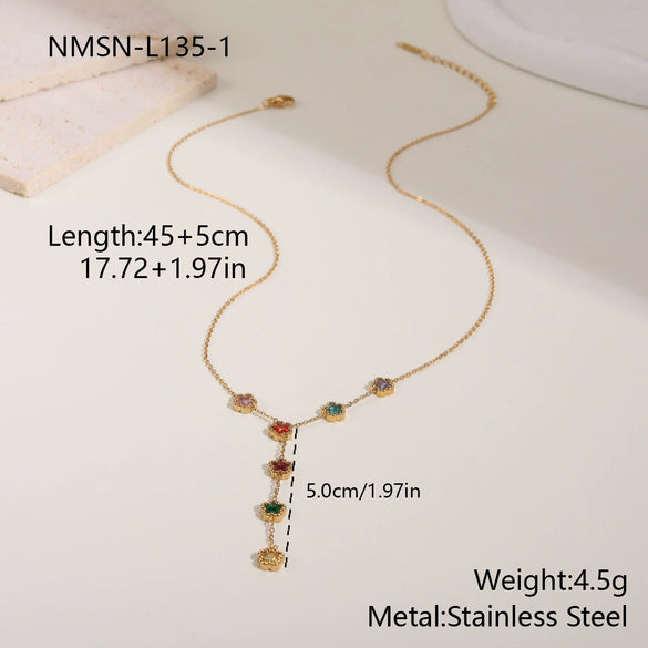 Wholesale Women's Geometric Pattern Electroplated 18K Stainless Steel Flower Inlaid With Colorful Zircon Necklace With Yshaped Chain